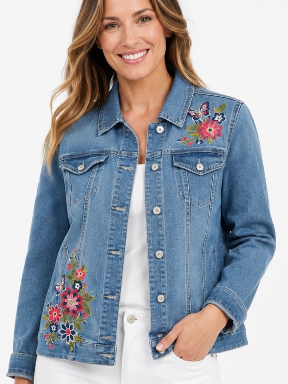 Alfred Dunner In Full Bloom denim jacket with Embroidered detail.